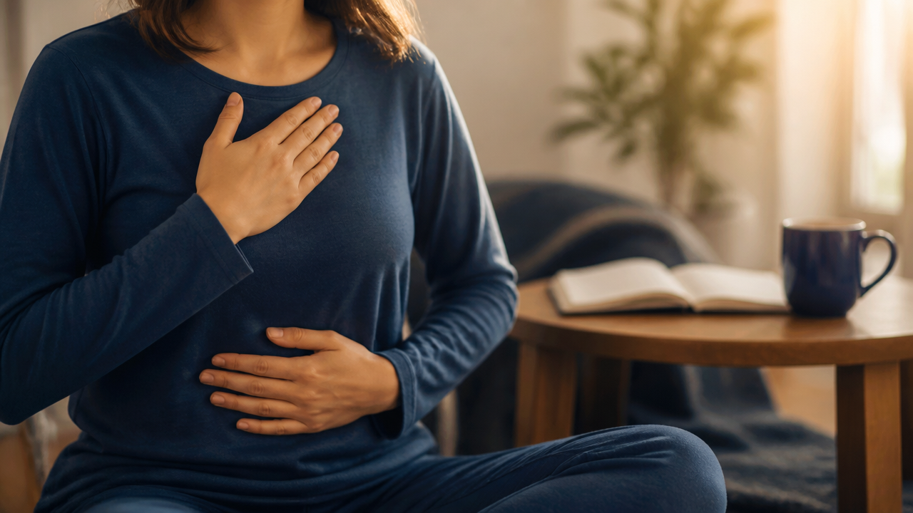 Mãos sobre o peito durante prática de respiração e abraço energético