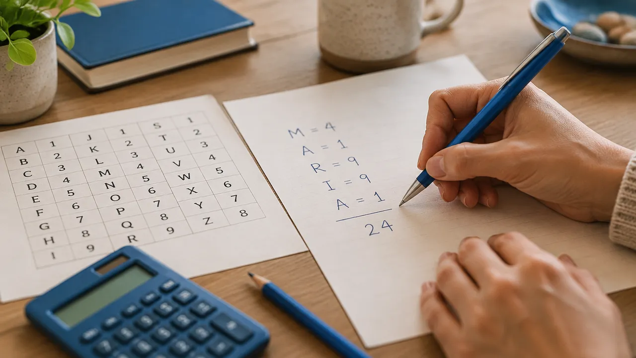 Mãos somando valores de letras em uma folha durante um cálculo numerológico