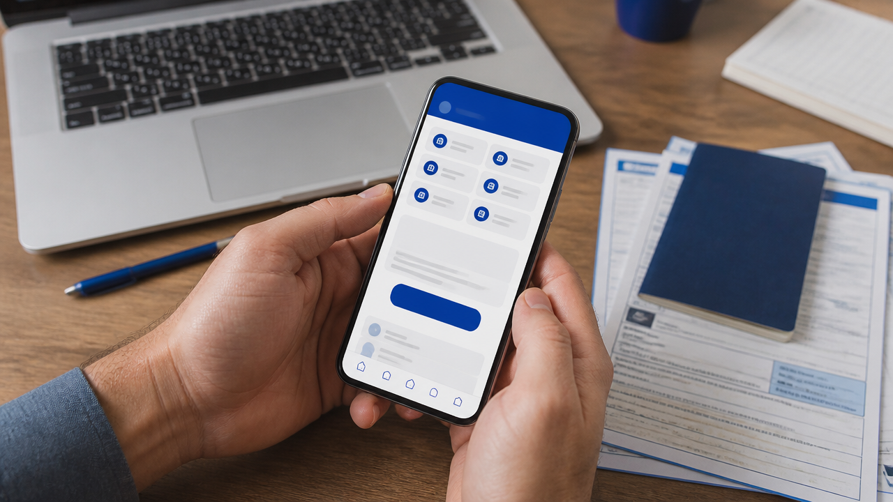 Mãos usando celular para consultar informações previdenciárias com documentos ao lado