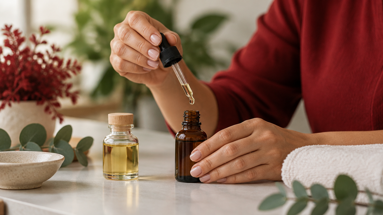Mãos usando um conta-gotas para preparar com cuidado uma mistura aromática diluída