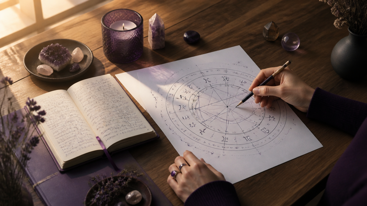 Mapa astral sobre uma mesa com elementos de estudo e autoconhecimento