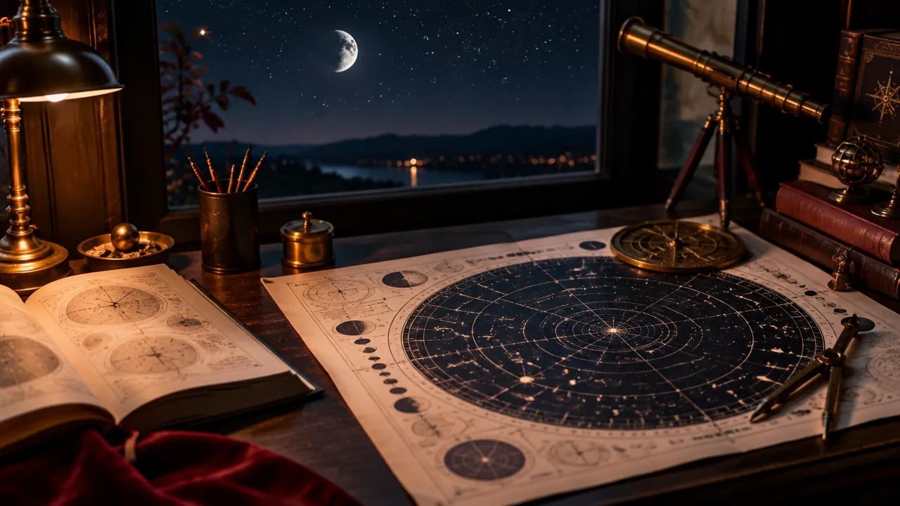Mapa celeste e instrumentos de observação sob um céu noturno, ilustrando a análise simbólica dos ciclos astrológicos.