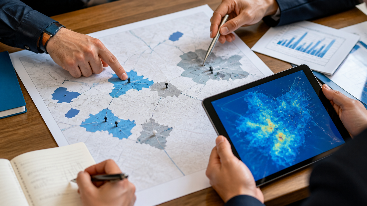 Mapa de território comercial com áreas de expansão destacadas em tablet e papel
