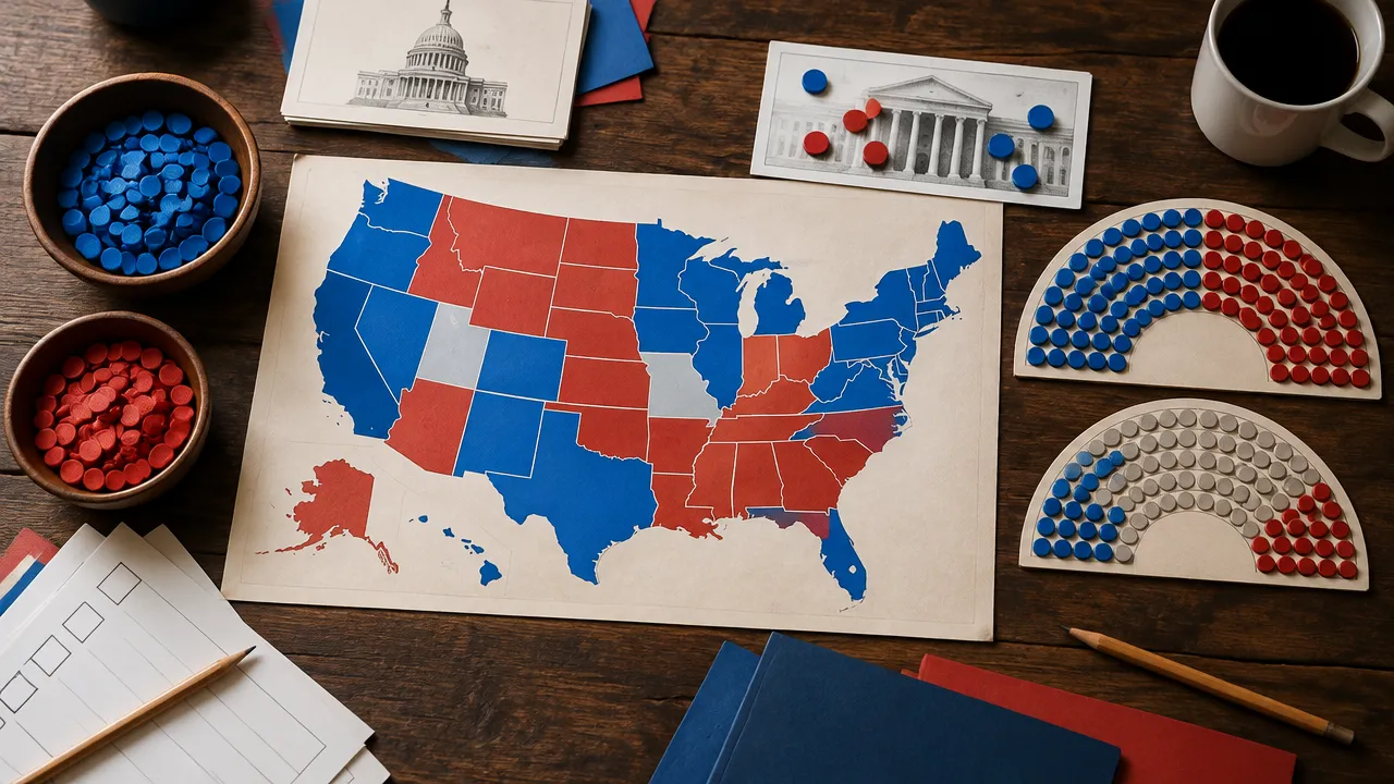 Mapa dos Estados Unidos e materiais eleitorais ilustrando a renovação da Câmara e de parte do Senado
