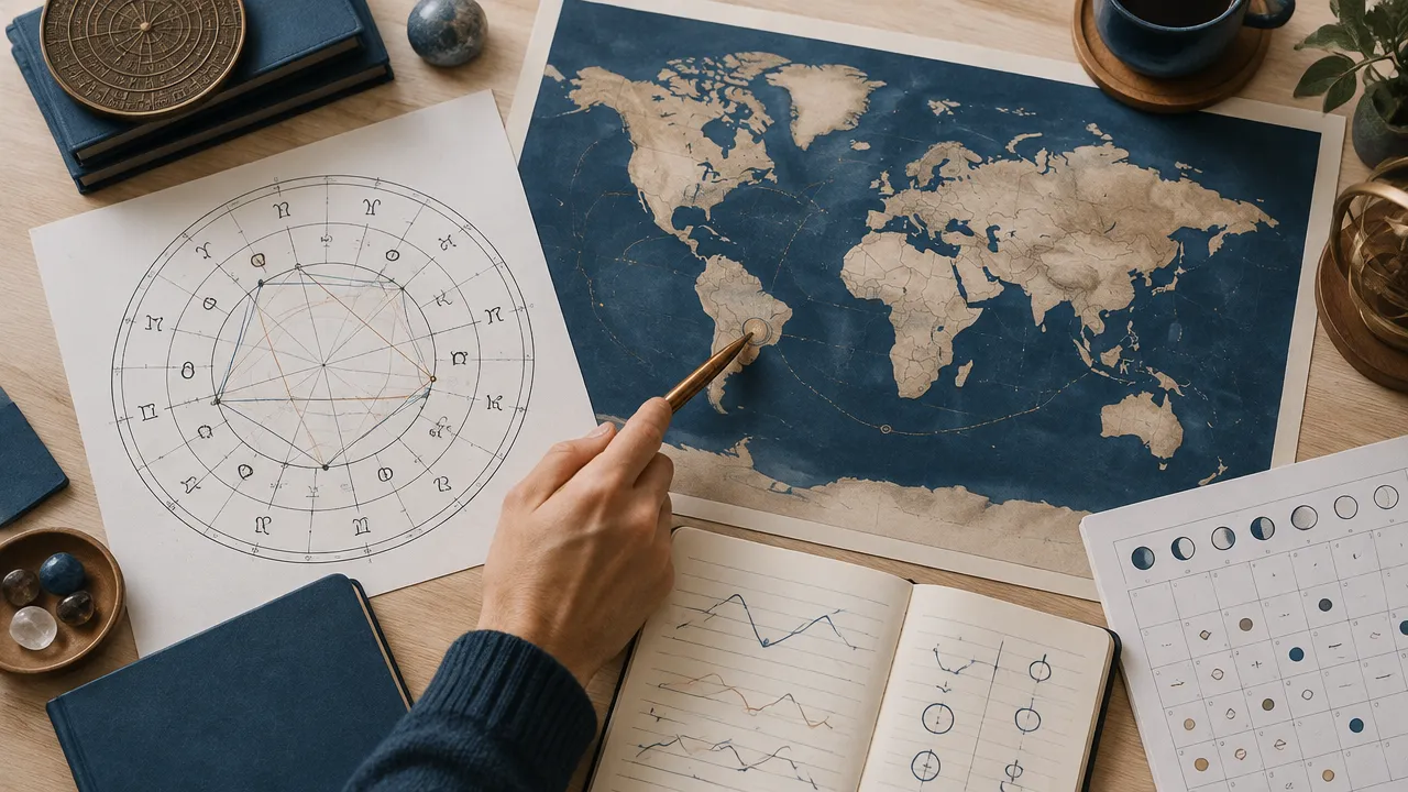 Mapa e roda astrológica usados para ilustrar a leitura simbólica de ciclos coletivos