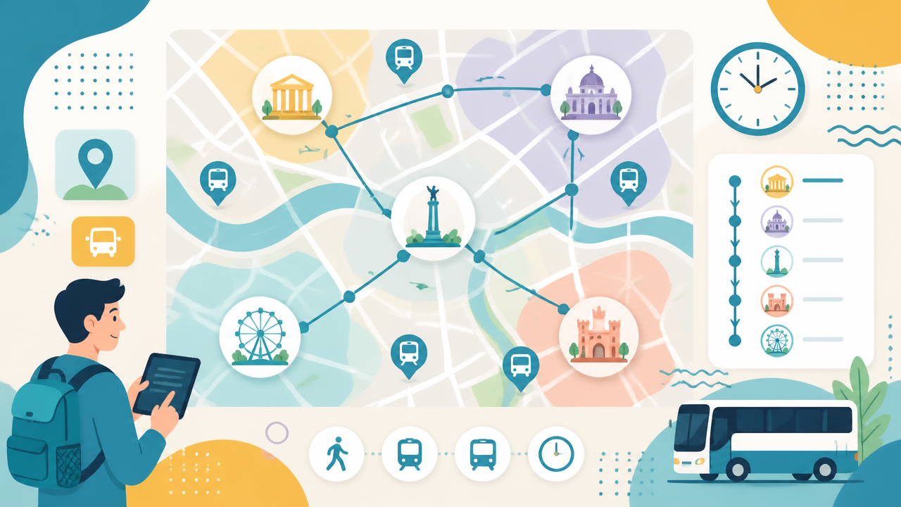 Mapa estilizado com atrações agrupadas por região e ícones de transporte público