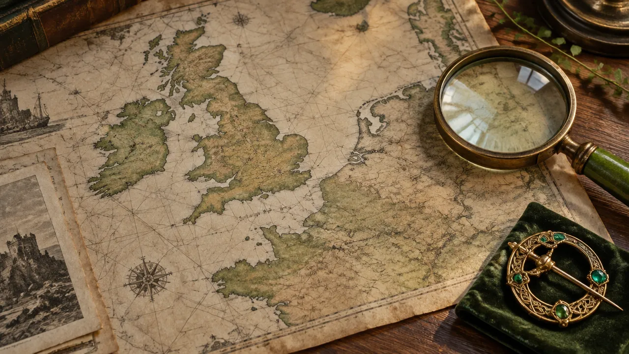 Mapa histórico genérico do noroeste europeu ao lado de uma pequena joia dourada, ilustrando a distinção entre Bretanha e Grã-Bretanha