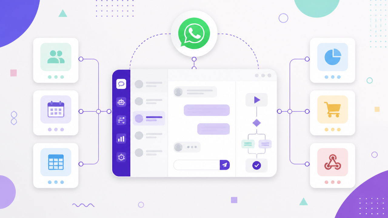 Mapa ilustrado de integrações entre chatbot para WhatsApp, CRM, ERP, agenda e e-commerce