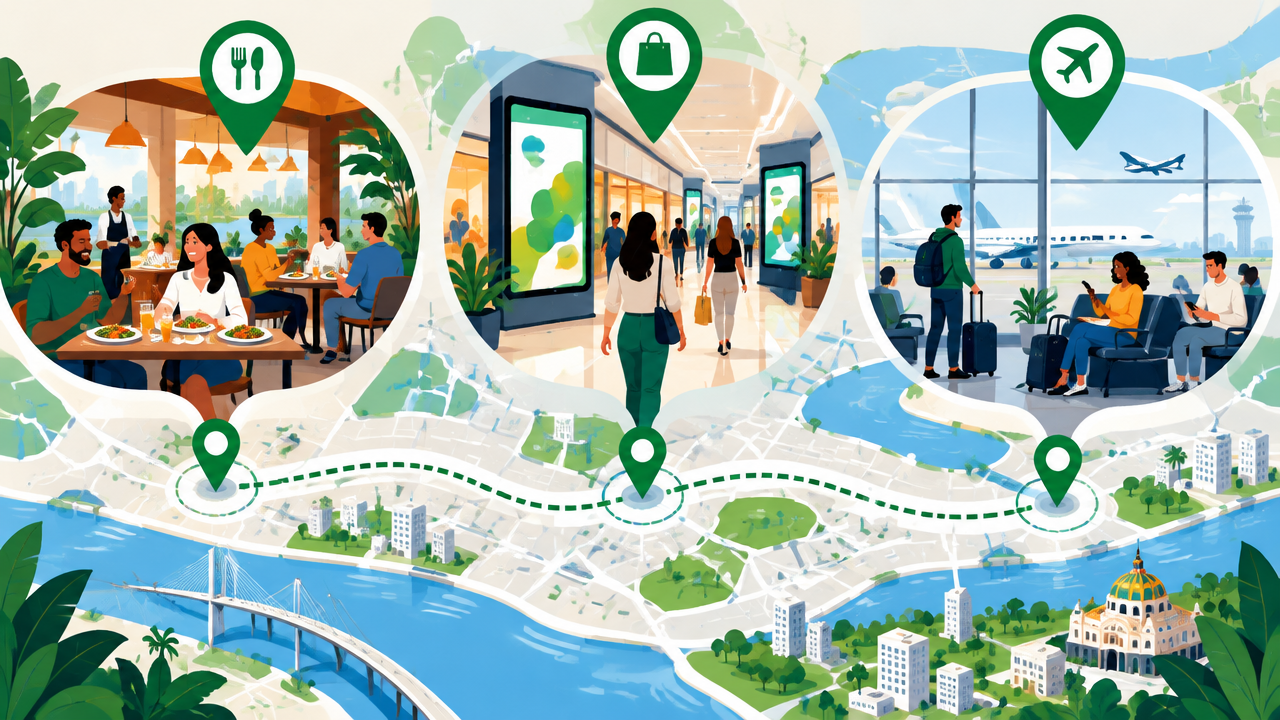 Mapa ilustrado de Manaus conectando pontos de consumo, telas em empreendimentos e sala VIP conforme os hábitos do público.