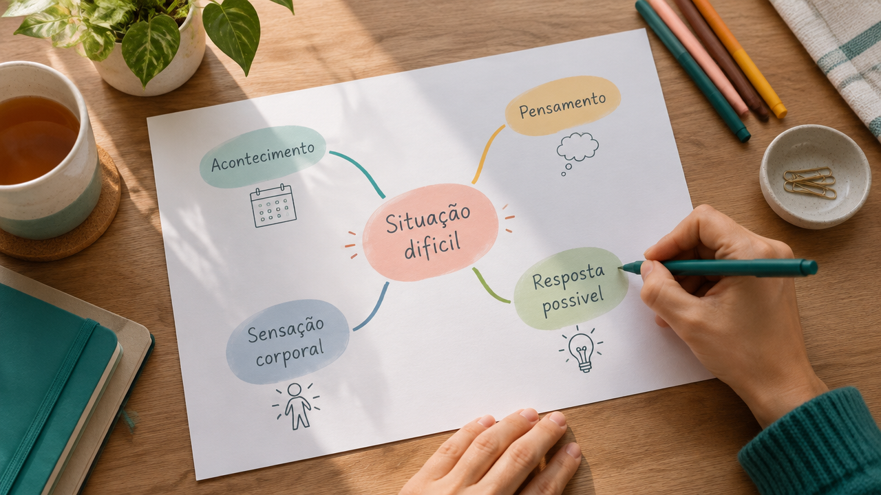 Mapa mental simples que conecta situação, pensamento, sensação corporal e resposta emocional