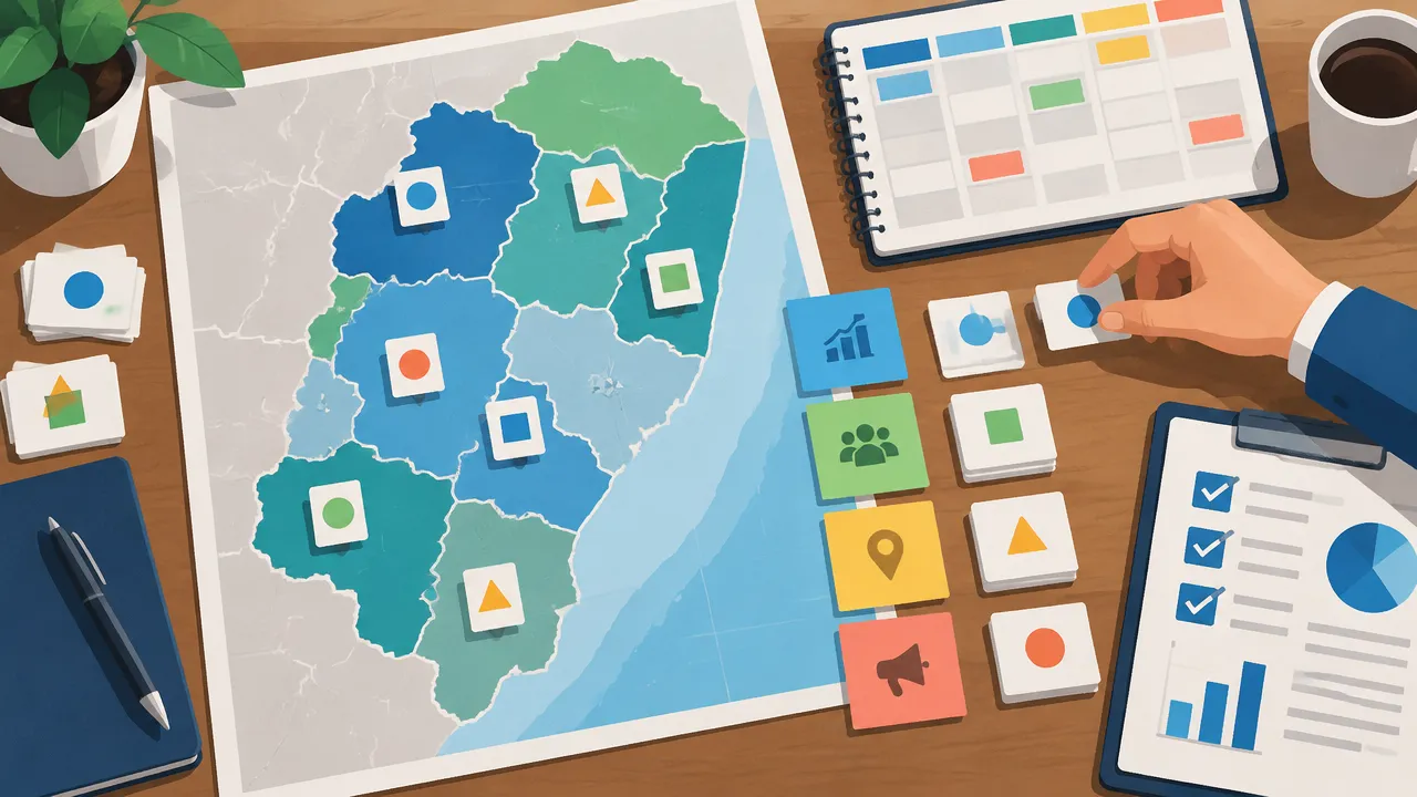 7 sinais de improviso que destroem pré-campanhas para deputado 1 Mapa regional abstrato, agenda e cartões de prioridades organizados para planejar uma pré-campanha.