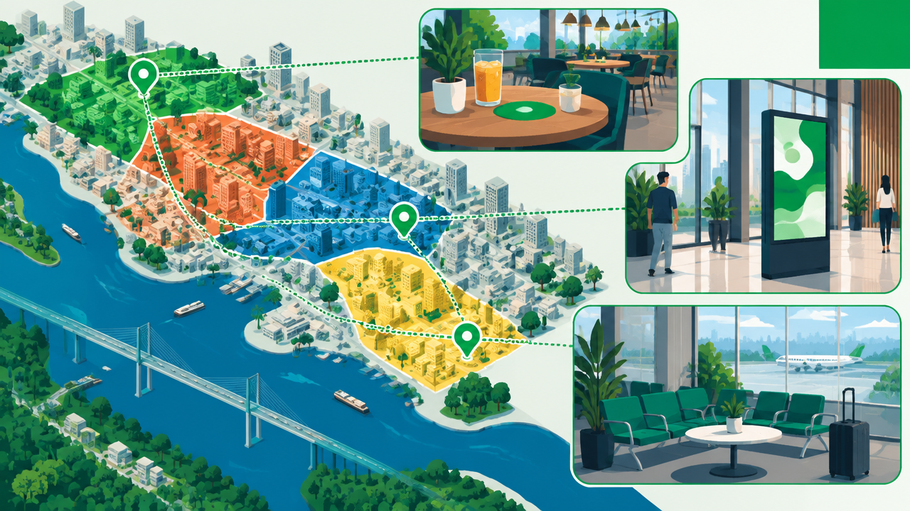 Mapa urbano abstrato conectando pontos de consumo, telas digitais e um lounge de aeroporto em uma estratégia OOH