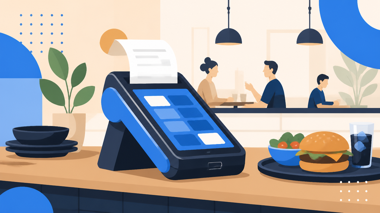 Maquininha smart POS usada como frente de caixa integrada em restaurante, com comanda, pagamento e impressão da conta.
