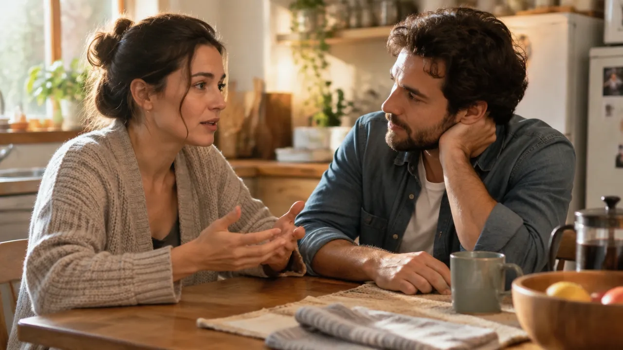Marido escuta a esposa com atenção em uma conversa tranquila sobre apoio e responsabilidades compartilhadas