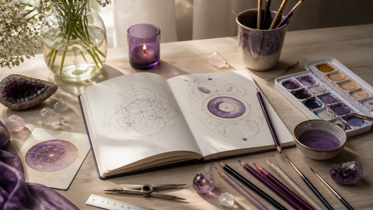 Materiais de arte organizados para criar uma mandala inspirada no tarot