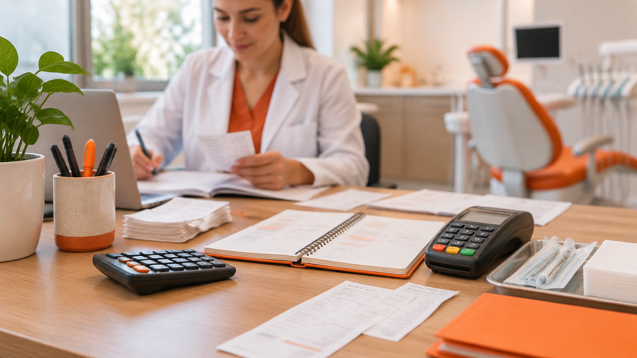 Materiais de escritório e calculadora representam o controle do fluxo de caixa de uma clínica odontológica