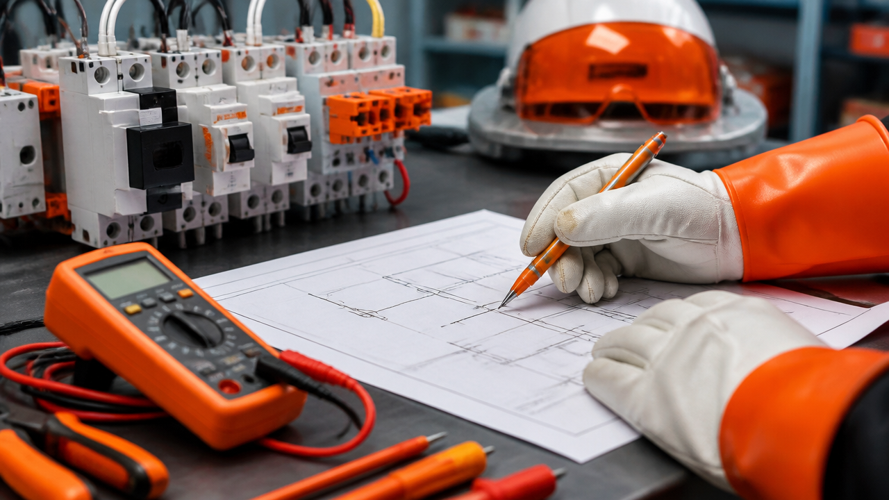 Materiais de estudo e instrumentos de segurança usados em treinamento de NR-10 sobre eletricidade.