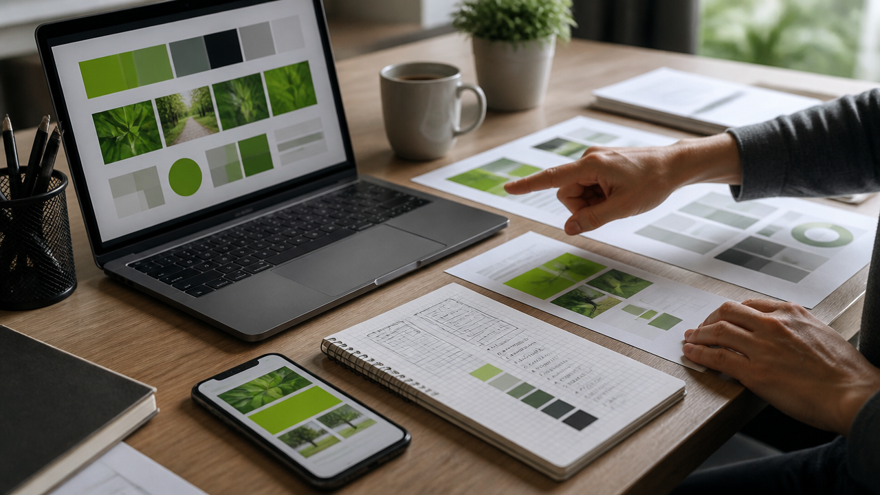 Materiais de identidade visual e comunicação alinhados sobre uma mesa, com notebook e celular mostrando consistência de marca.