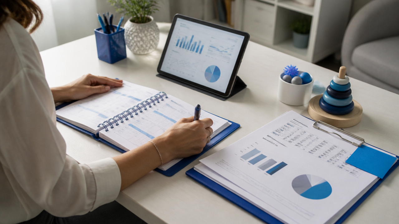 Materiais de rotina clínica com agenda, anotações e tablet usados por profissional de psicologia.