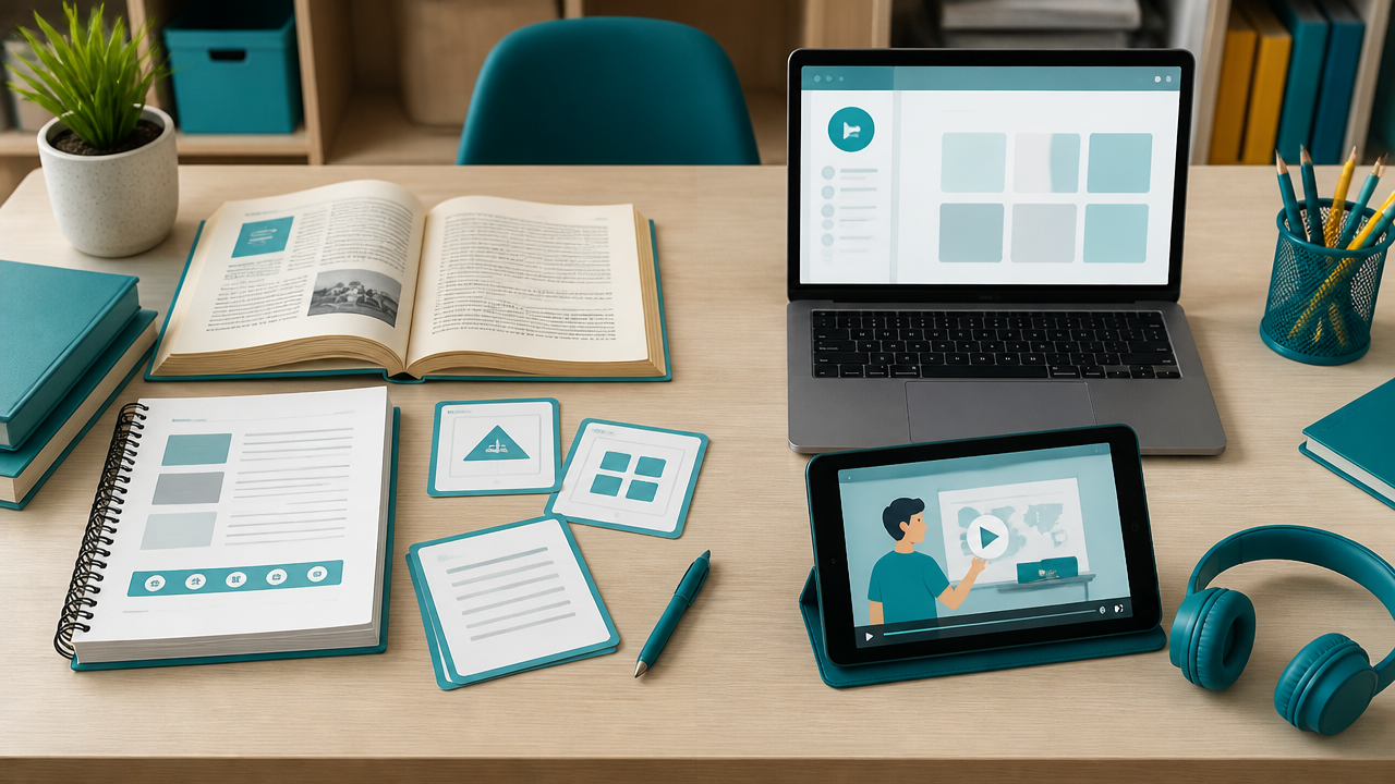 Materiais didáticos impressos e digitais organizados lado a lado sobre uma mesa de trabalho