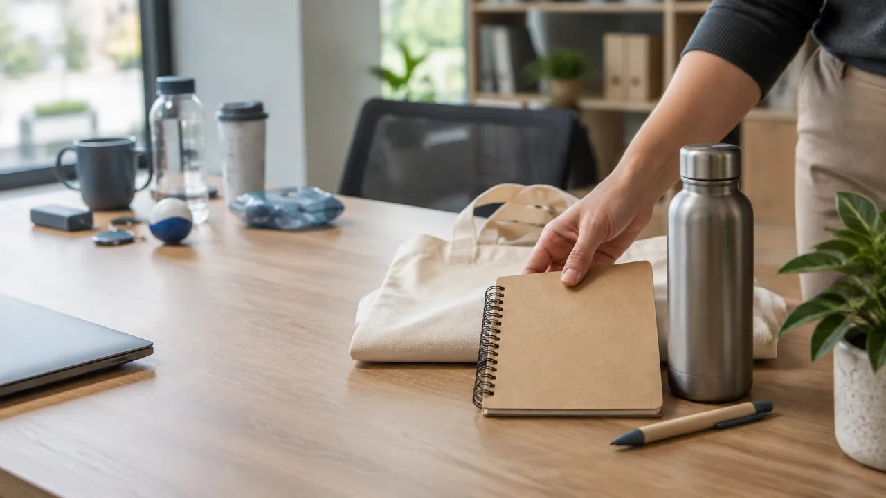 Materiais e brindes reutilizáveis analisados sobre uma mesa de trabalho