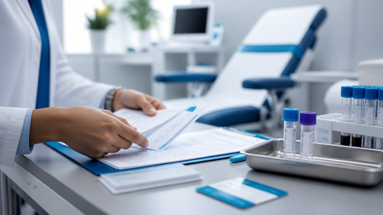 Materiais organizados para preparo de exames antes do check-up em clínica moderna