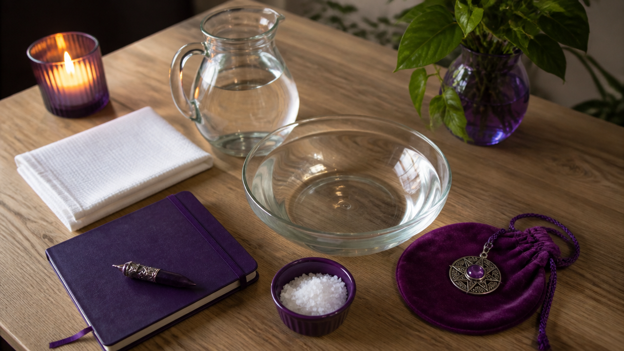 Materiais organizados para um ritual de energização com água e talismã
