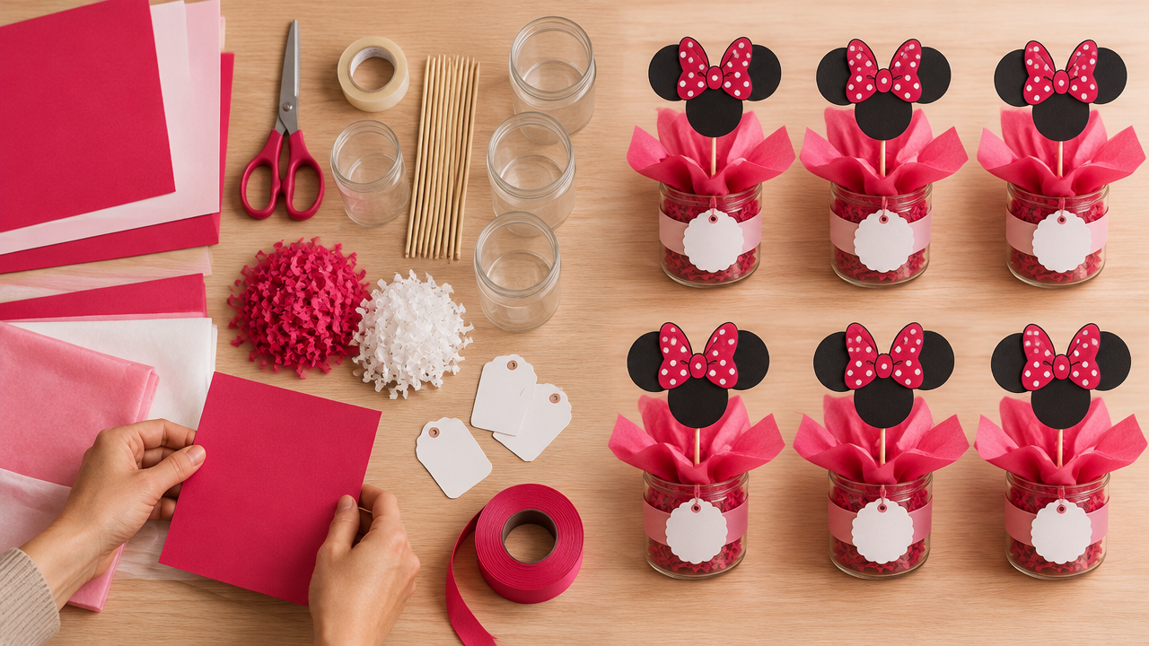 Materiais para montar centros de mesa em casa comparados com peças prontas de um kit infantil