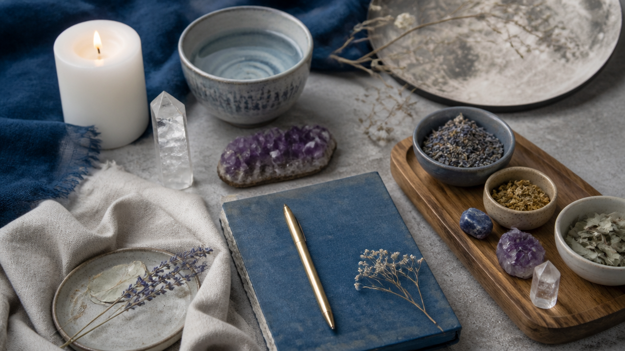 Materiais para montar um altar lunar, com vela, cristais, água, caderno e ervas sobre mesa clara