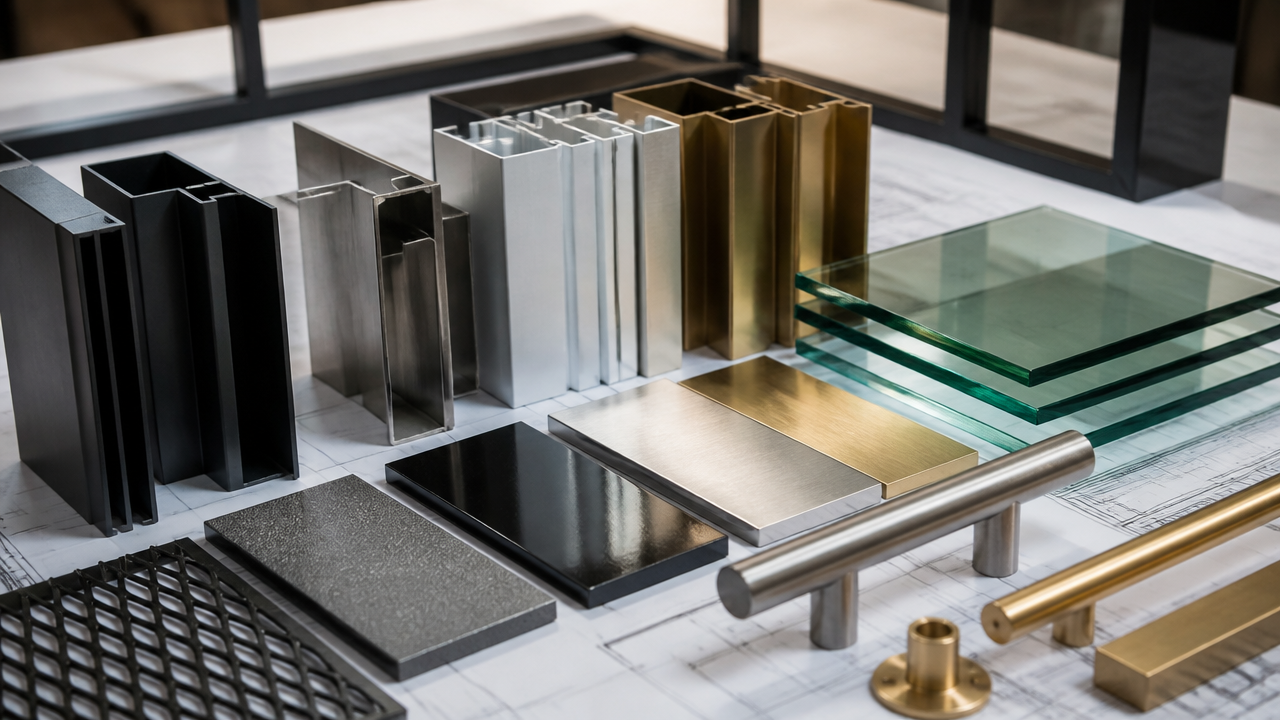 Materiais usados em serralheria sob medida, com peças de inox, alumínio, aço e vidro.