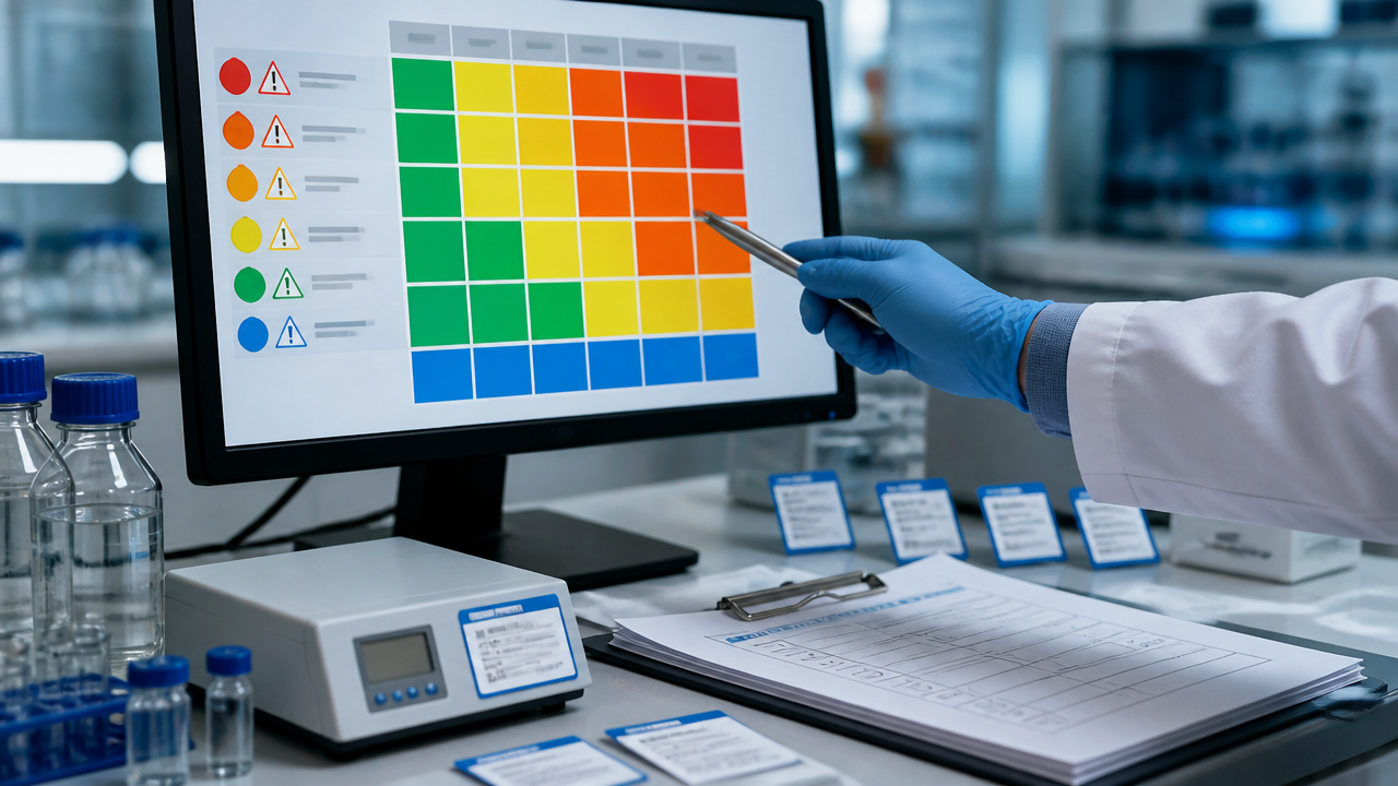 Matriz de criticidade e checklist de alertas sobre mesa de laboratório