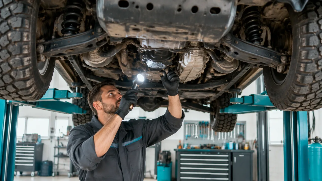 Mecânico inspeciona a parte inferior de um utilitário 4x4 usado em uma oficina antes da compra.