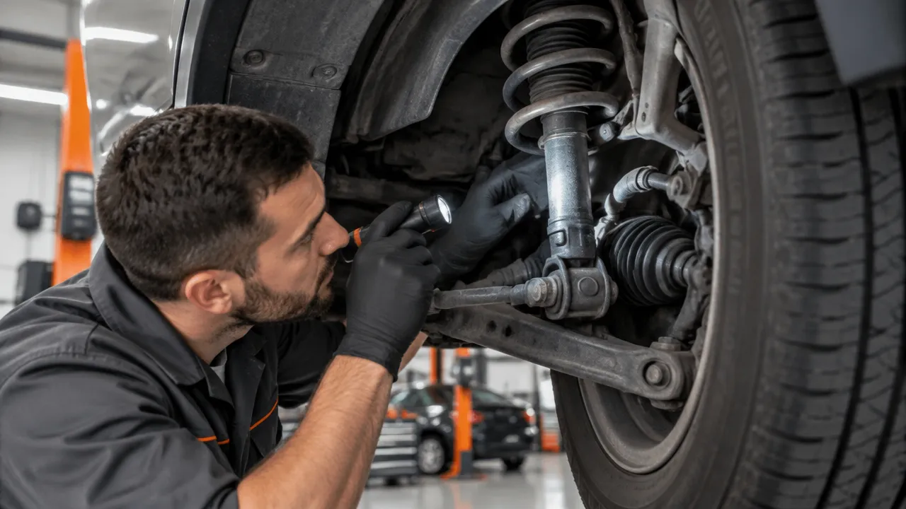 Mecânico inspeciona amortecedor, coifa e batente de um carro elevado para avaliar o estado da suspensão.