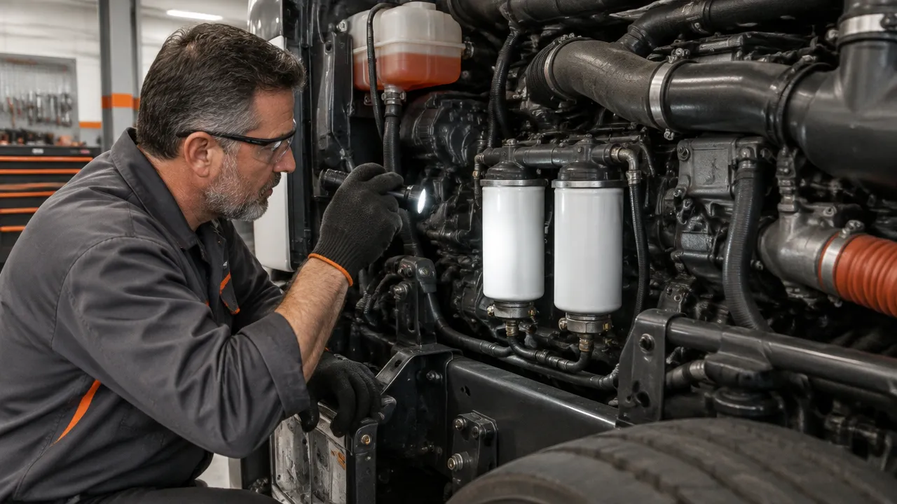 Mecânico inspeciona filtros de óleo e combustível em motor diesel frio de caminhão