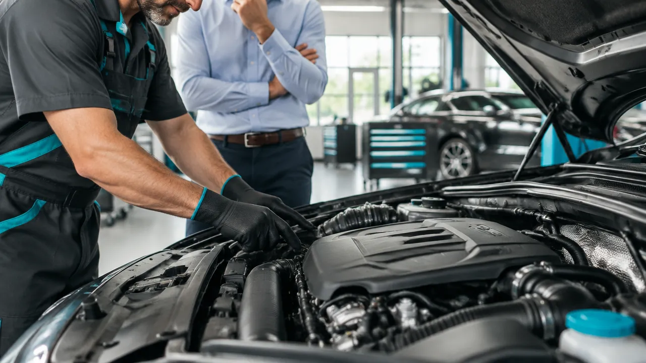 Mecânico inspeciona o motor de um carro premium usado antes da compra.
