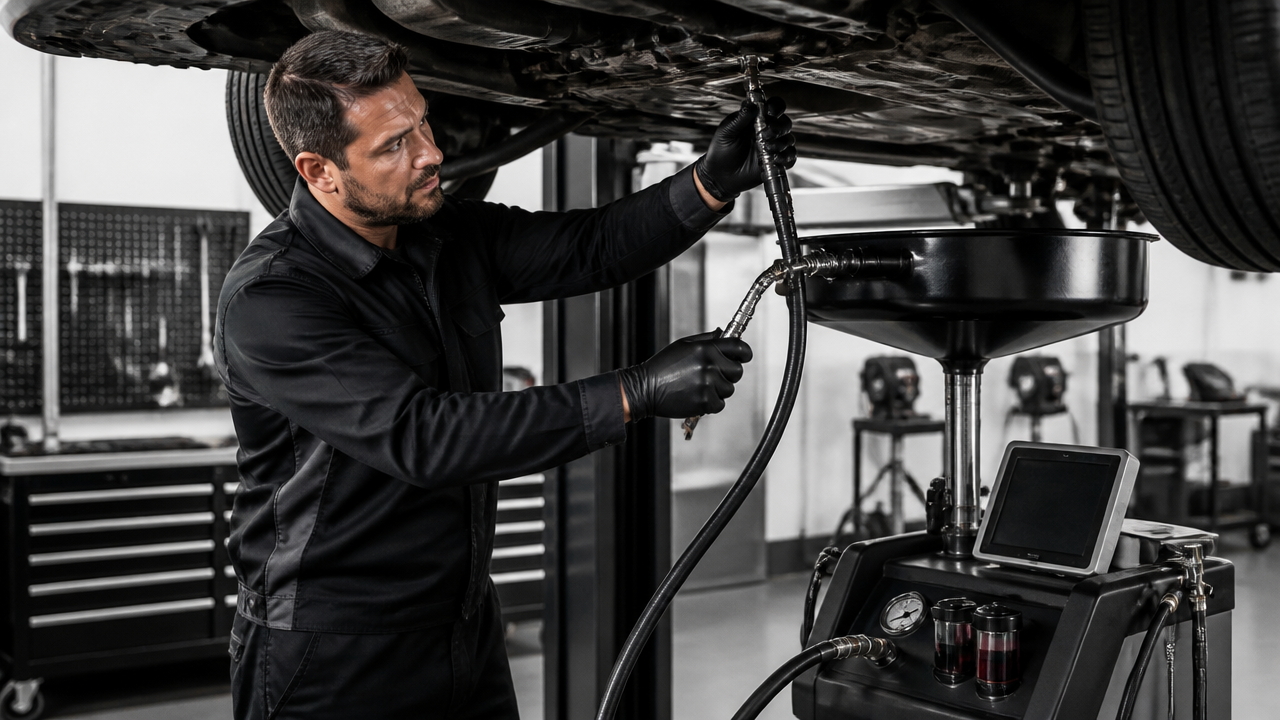 Mecânico realizando procedimento técnico de troca de fluido do câmbio com controle de temperatura