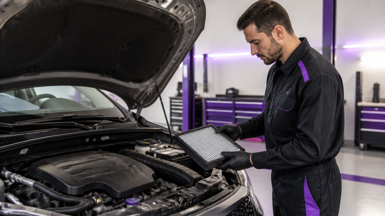 Mecânico verificando componentes do motor em manutenção preventiva para melhorar o consumo