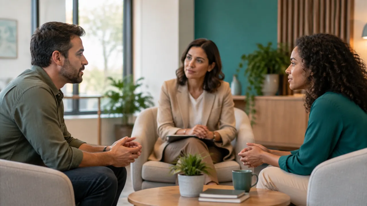 Mediadora facilita uma conversa respeitosa entre duas pessoas em uma sala de reunião