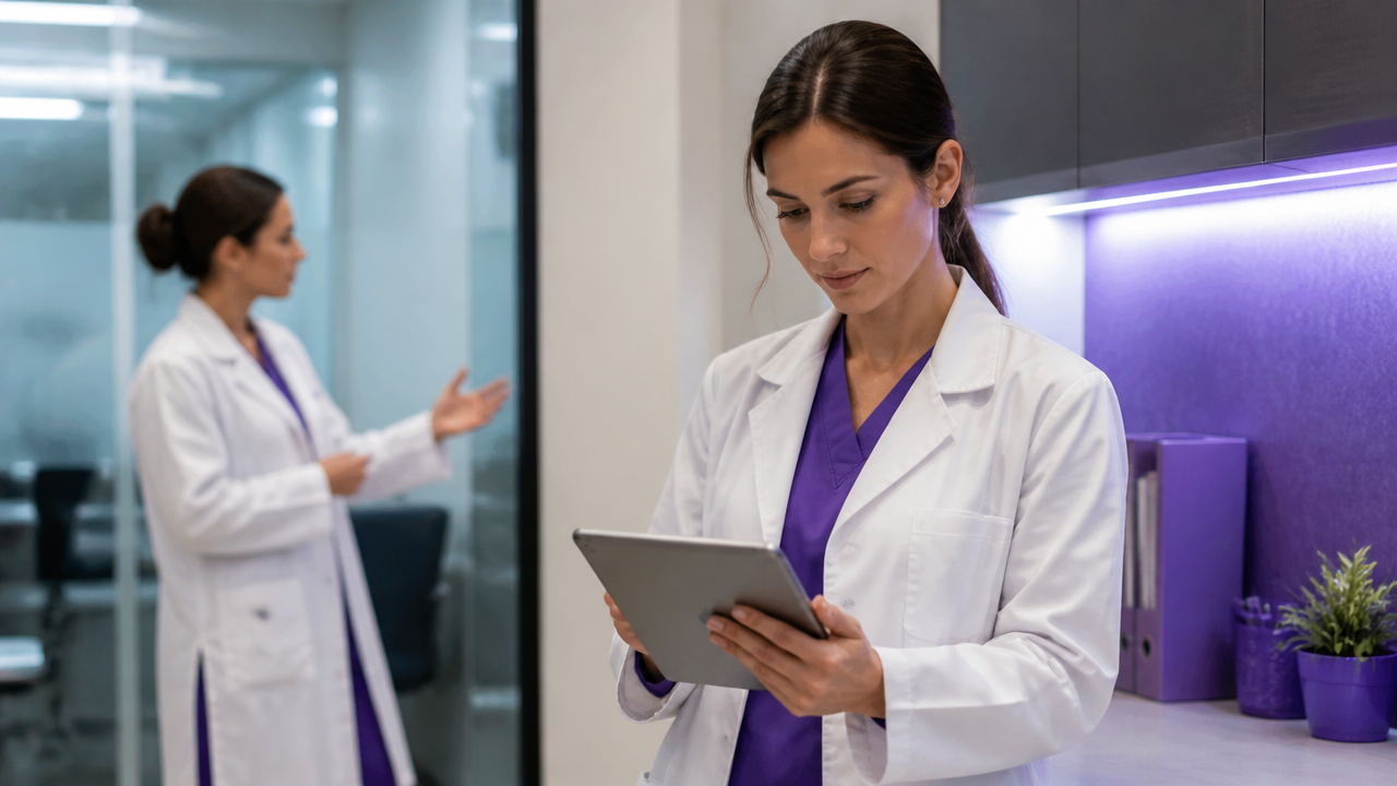 Médica acessando histórico do paciente em tablet durante discussão clínica
