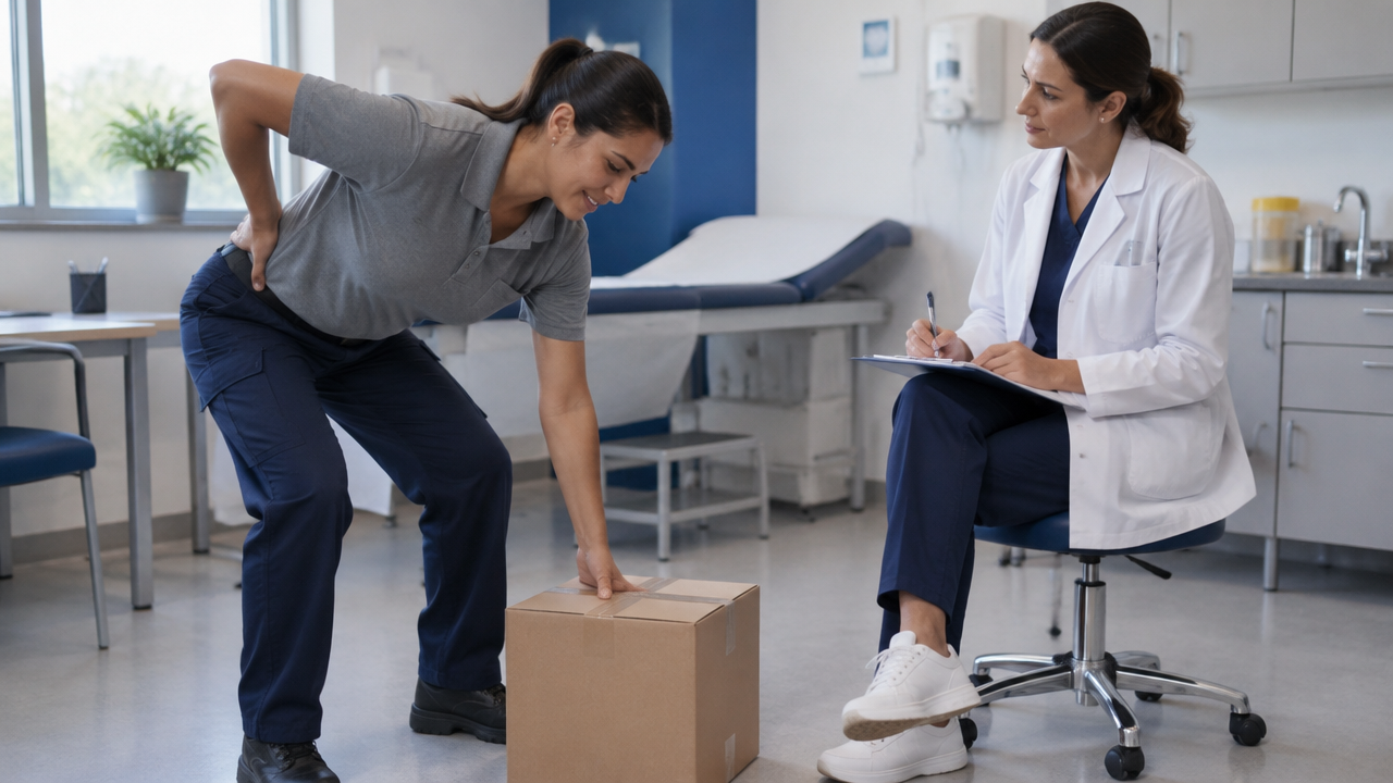 Médica avalia como a lombalgia limita movimentos exigidos pela rotina profissional da paciente
