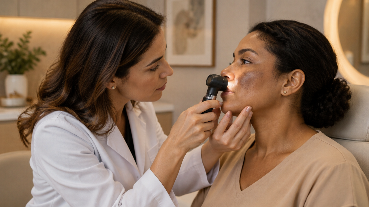 Médica avaliando manchas faciais de uma paciente em consulta individual