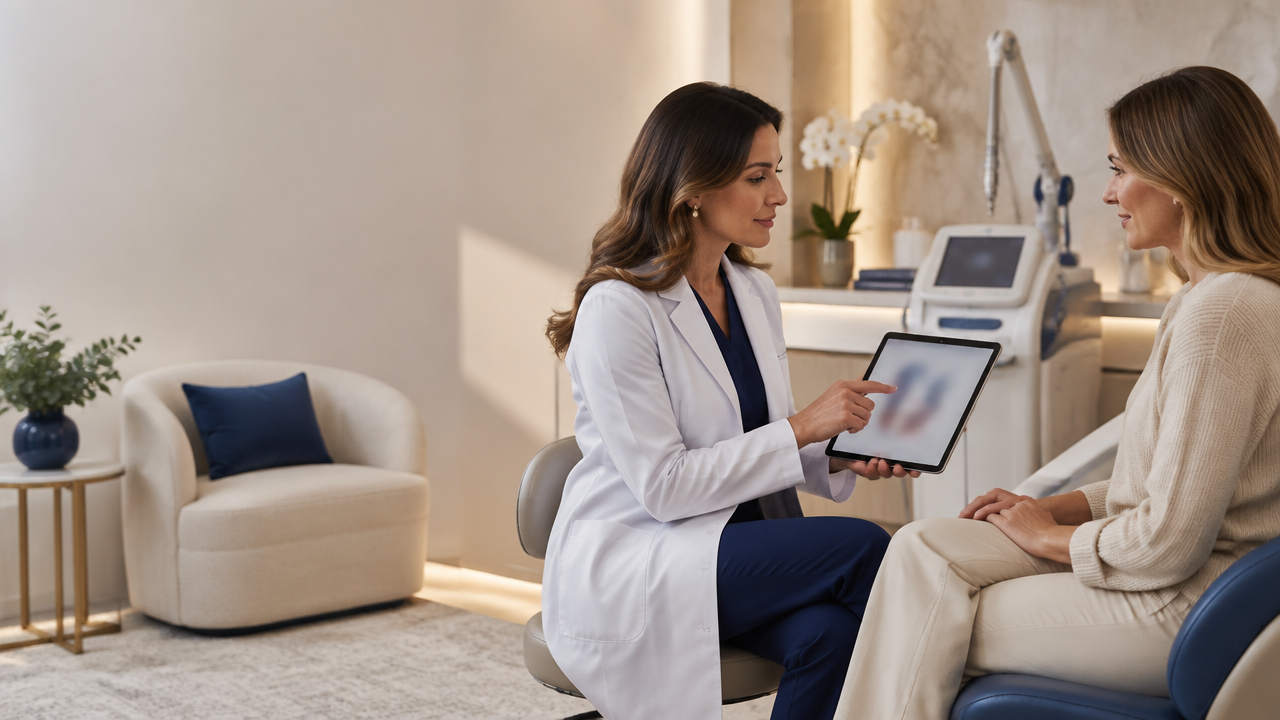 Médica conversa com paciente em consultório e explica um equipamento de laser, em contexto de divulgação responsável.