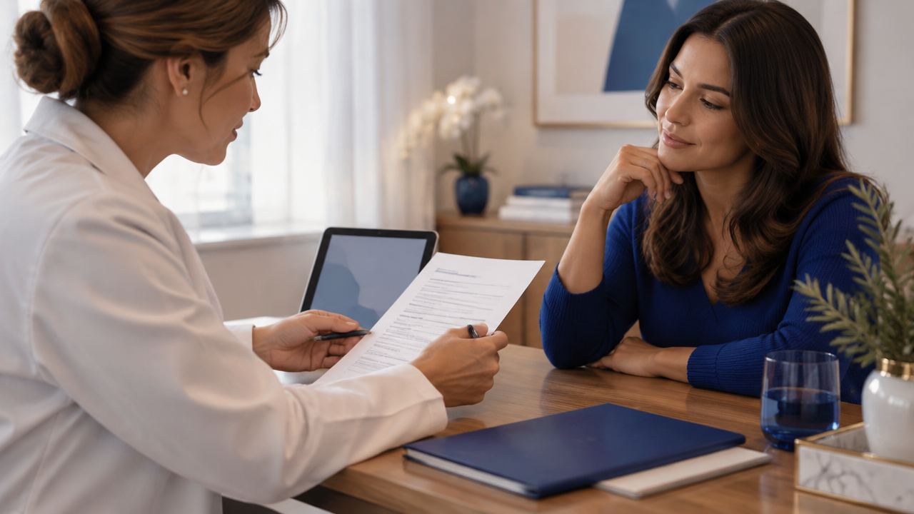 Médica e paciente adulta conversam sobre consentimento e privacidade diante de um formulário sem dados identificáveis.