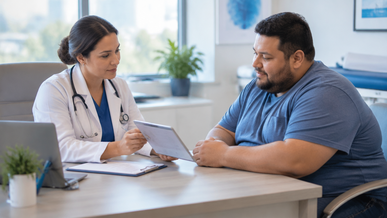 Médica e paciente analisam opções de tratamento especializado para obesidade