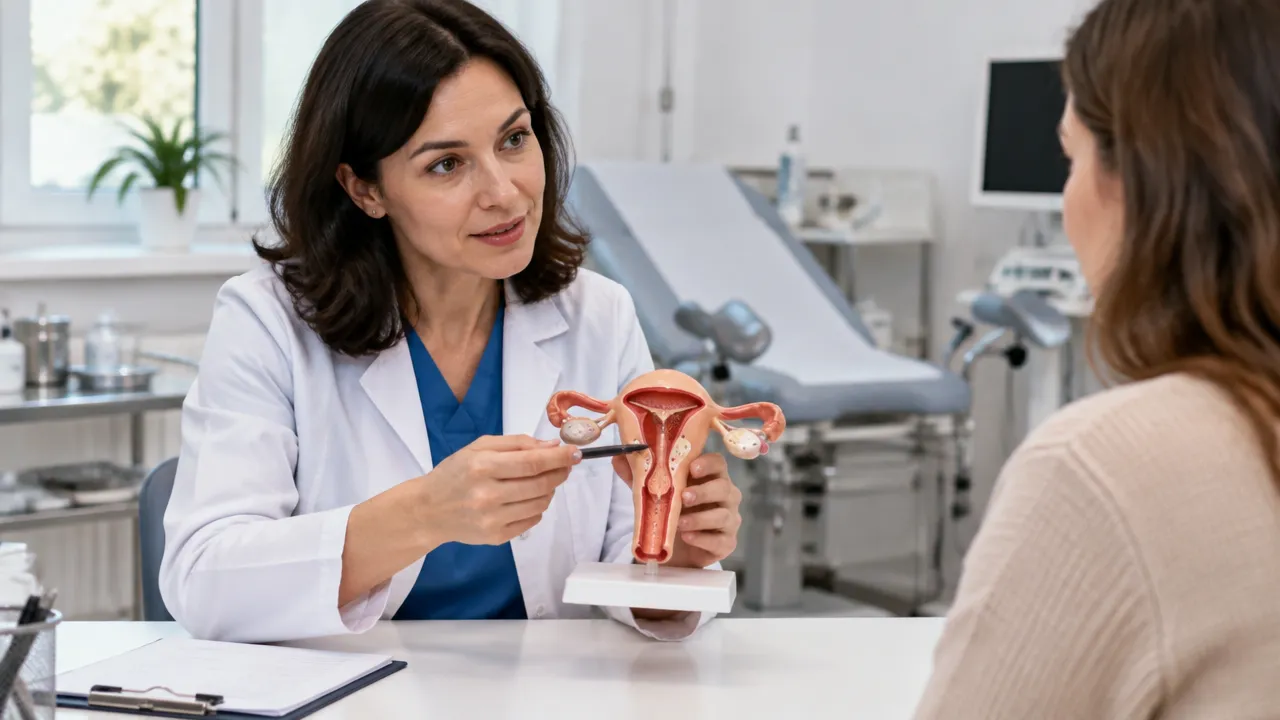 Médica explica à paciente como funciona a avaliação da cavidade uterina e a biópsia