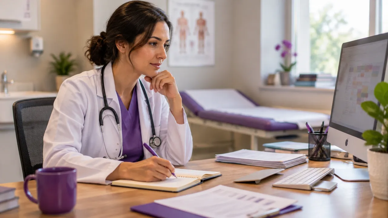 Médica registra interrupções administrativas em um caderno entre consultas