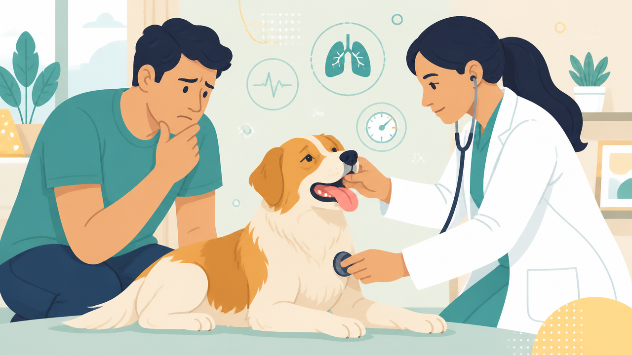 Médica-veterinária avaliando sinais de gravidade respiratória em um cão dentro de casa.
