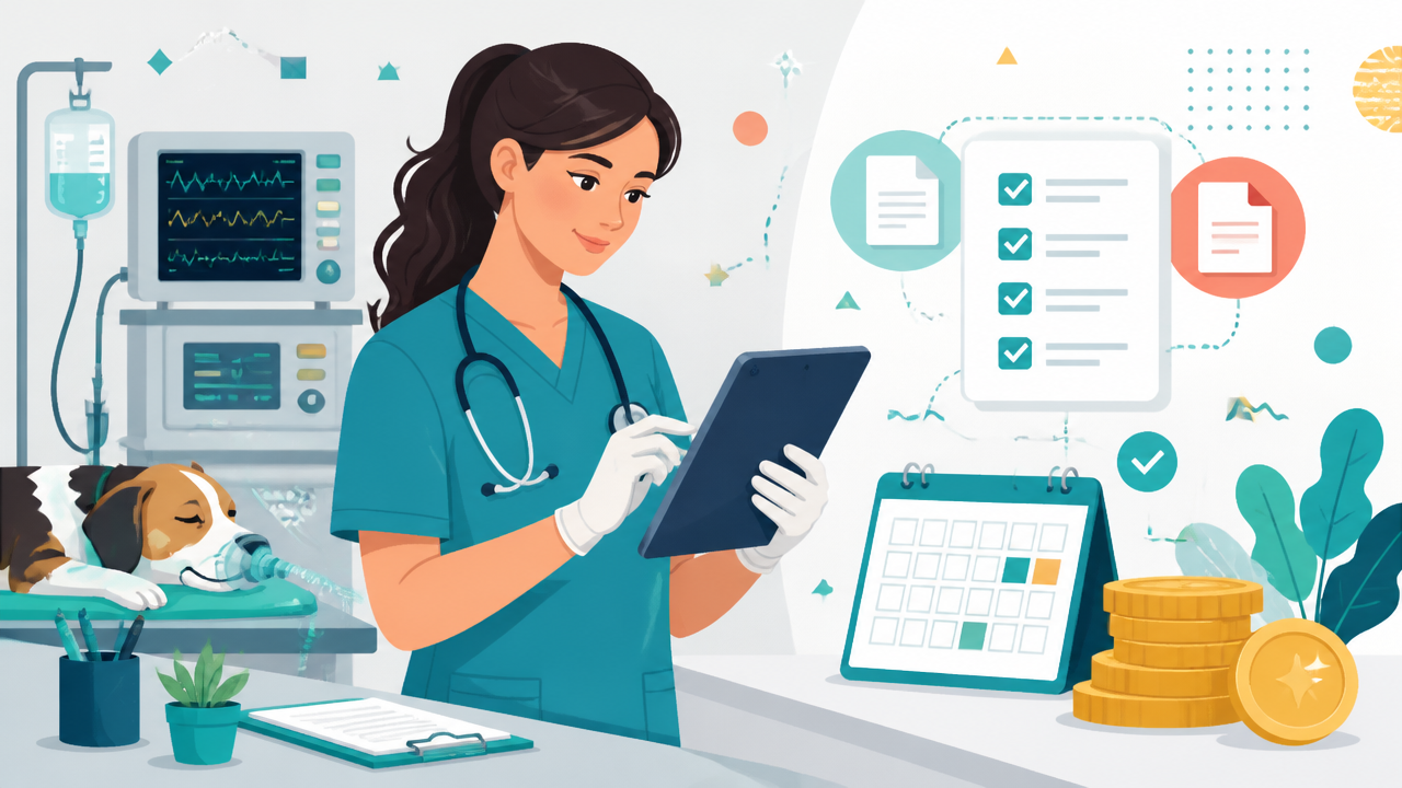 Médica veterinária usando ficha anestésica digital em tablet, com símbolos de organização e faturamento ao redor