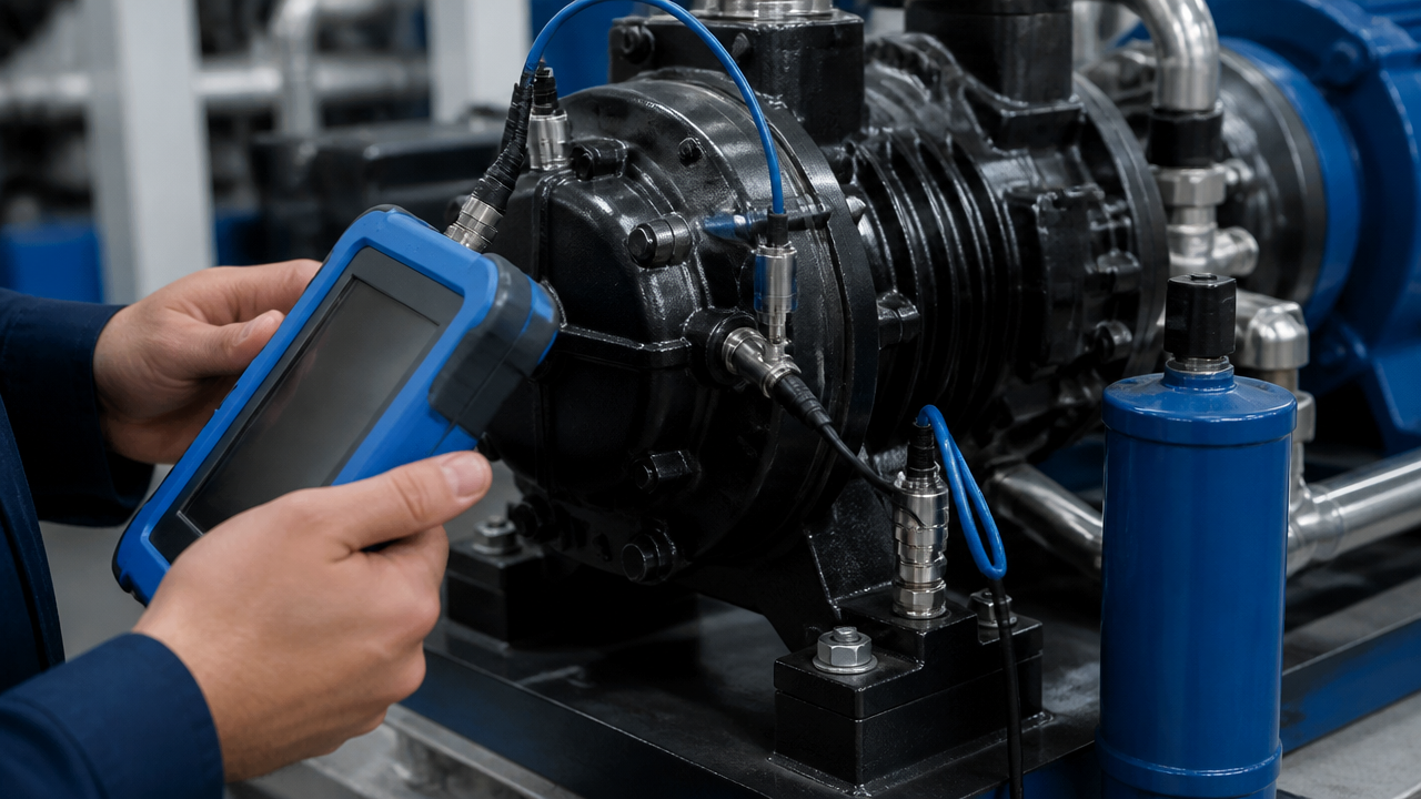 Medição de vibração em compressor de refrigeração com sensor instalado