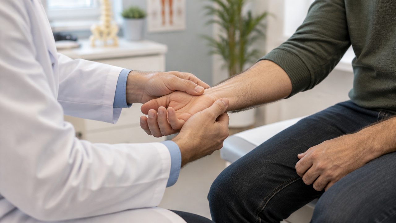 Médico avalia mobilidade e sensibilidade do punho durante consulta